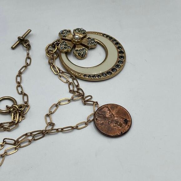 Catherine Popesco Cream Enamel Gray Swarovski Cryst Pendant Gold Plate Necklace - Picture 12 of 12